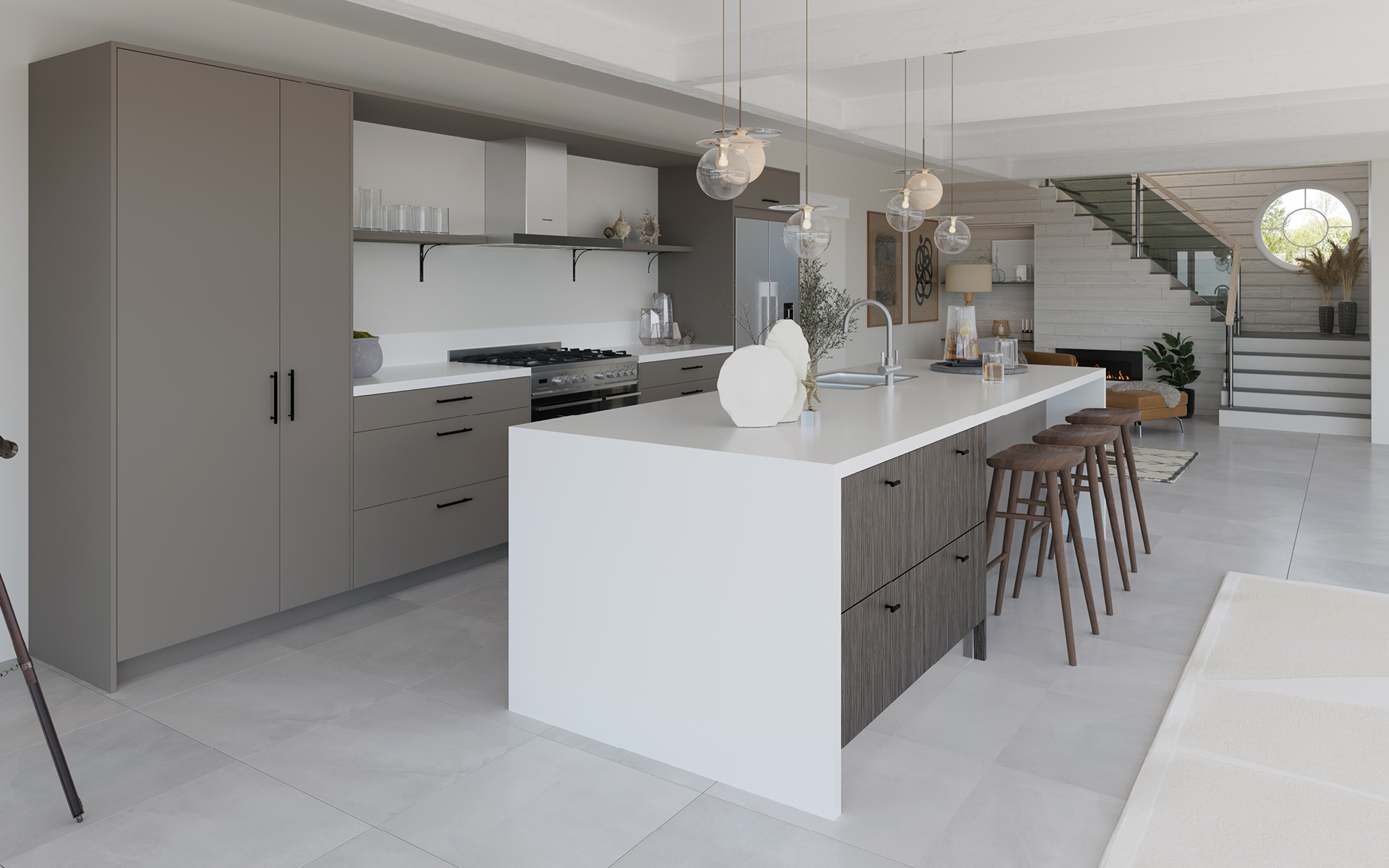 Modern Crown Imperial kitchen with island and feature pendant lighting