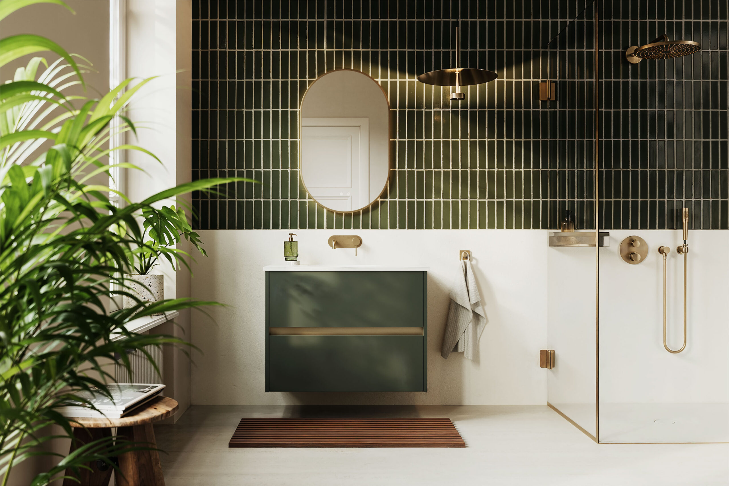 Dark green bathroom furniture, tiling and walk-in shower from Woodstock Calypso