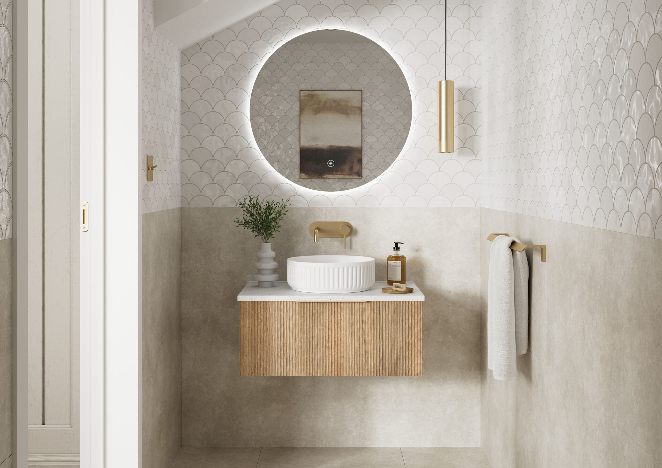 Natural fluted bathroom vanity with round illuminated mirror from Woodstock Calypso